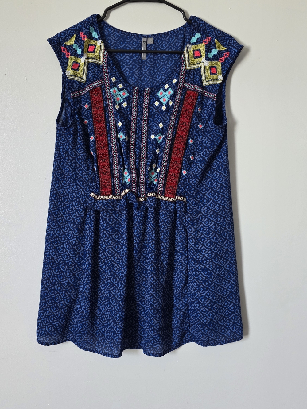 Navy Blue Embroidered Boho Dress Festival Mini Medium